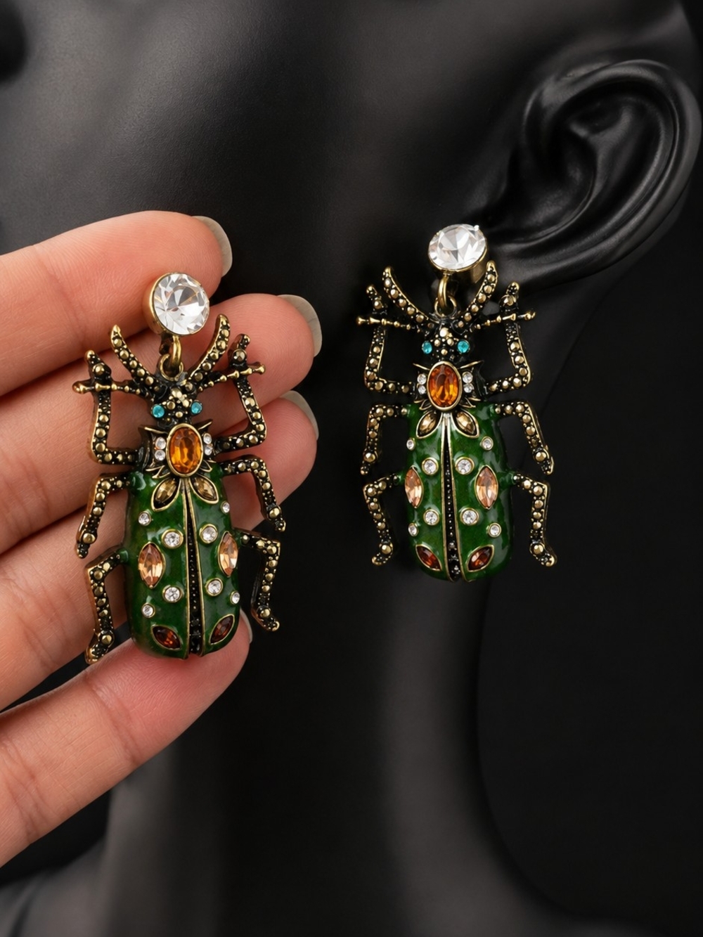 Green Beetle Statement Drop Earrings - Unbranded